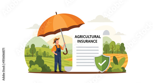 Modern vector illustration of farmer protecting crops under umbrella symbolizing agricultural insurance coverage. Farming risk management concept
