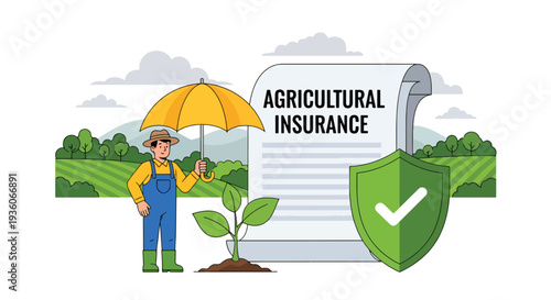 Modern vector illustration of farmer protecting crops under umbrella symbolizing agricultural insurance coverage. Farming risk management concept