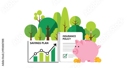 Modern vector illustration of piggy bank beside insurance policy document representing savings and protection plan. Long term financial security concept
