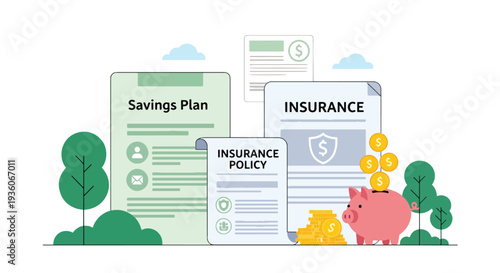 Modern vector illustration of piggy bank beside insurance policy document representing savings and protection plan. Long term financial security concept