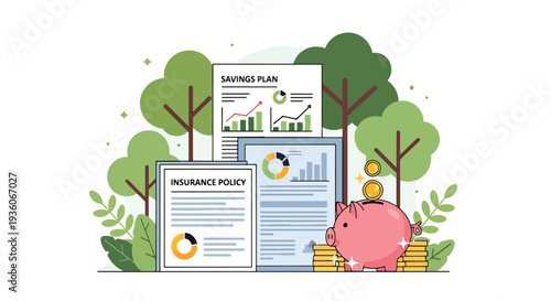 Modern vector illustration of piggy bank beside insurance policy document representing savings and protection plan. Long term financial security concept