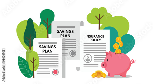 Modern vector illustration of piggy bank beside insurance policy document representing savings and protection plan. Long term financial security concept