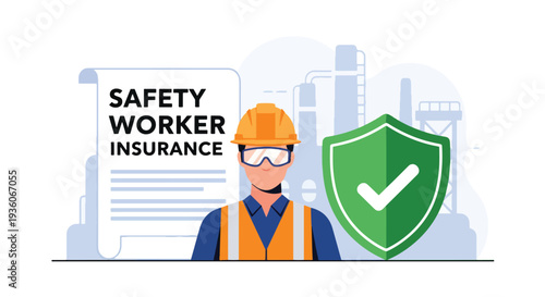 Modern vector illustration of worker protected by shield icon representing occupational insurance coverage. Workplace risk management concept