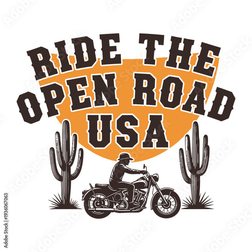 Motorcyclist riding on open road in USA with cacti tshirt design