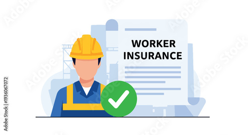 Modern vector illustration of worker protected by shield icon representing occupational insurance coverage. Workplace risk management concept