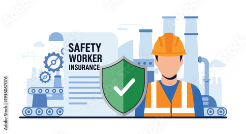 Modern vector illustration of worker protected by shield icon representing occupational insurance coverage. Workplace risk management concept