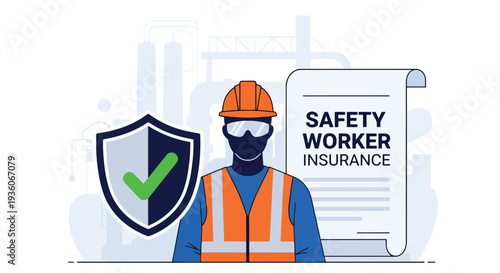 Modern vector illustration of worker protected by shield icon representing occupational insurance coverage. Workplace risk management concept