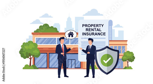 Modern vector illustration of landlord reviewing rental property insurance contract with tenant. Real estate risk protection concept
