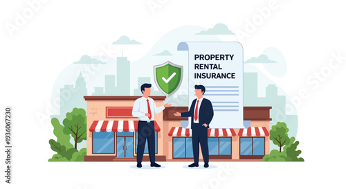 Modern vector illustration of landlord reviewing rental property insurance contract with tenant. Real estate risk protection concept