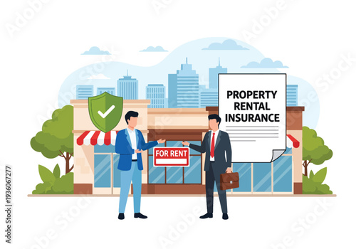 Modern vector illustration of landlord reviewing rental property insurance contract with tenant. Real estate risk protection concept