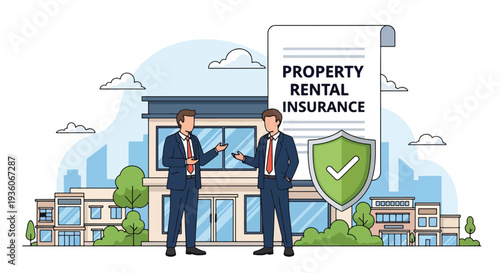 Modern vector illustration of landlord reviewing rental property insurance contract with tenant. Real estate risk protection concept