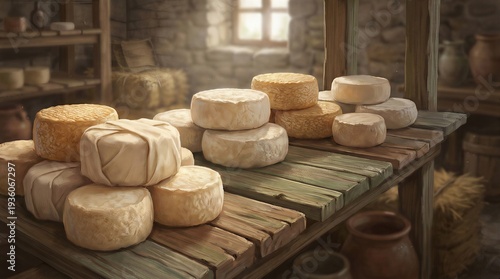 Artisanal Goat Cheese Rounds Aging On Reclaimed Wood Planks