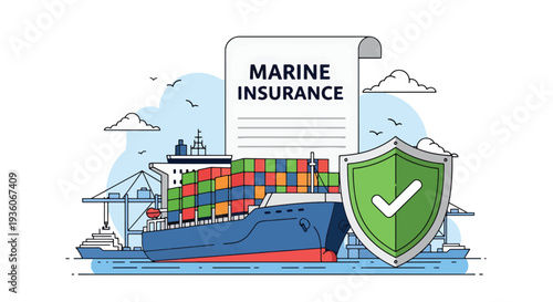 Modern vector illustration of cargo container protected by shield icon symbolizing marine insurance coverage. International shipping risk management concept