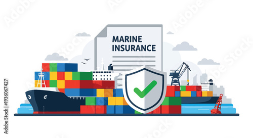 Modern vector illustration of cargo container protected by shield icon symbolizing marine insurance coverage. International shipping risk management concept