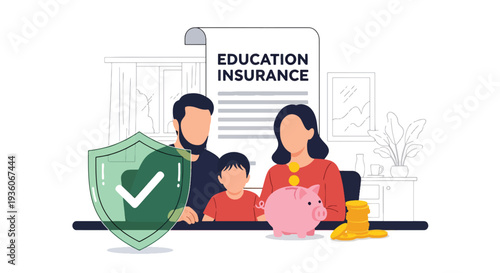 Modern vector illustration of family discussing child education insurance savings plan at home. Long term financial preparation concept