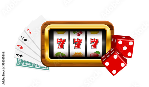 Slot machine screen, playing cards, and dice. Vector illustration.