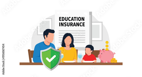 Modern vector illustration of family discussing child education insurance savings plan at home. Long term financial preparation concept
