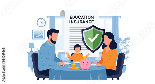 Modern vector illustration of family discussing child education insurance savings plan at home. Long term financial preparation concept