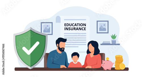 Modern vector illustration of family discussing child education insurance savings plan at home. Long term financial preparation concept