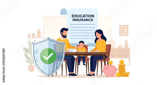 Modern vector illustration of family discussing child education insurance savings plan at home. Long term financial preparation concept
