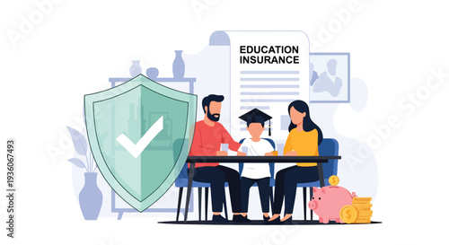 Modern vector illustration of family discussing child education insurance savings plan at home. Long term financial preparation concept