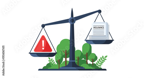 Modern vector illustration of balanced scale with risk icon and insurance document representing financial protection strategy and coverage planning concept
