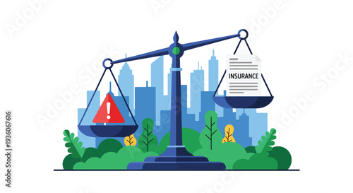 Modern vector illustration of balanced scale with risk icon and insurance document representing financial protection strategy and coverage planning concept