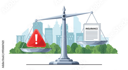 Modern vector illustration of balanced scale with risk icon and insurance document representing financial protection strategy and coverage planning concept