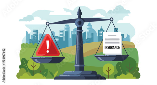 Modern vector illustration of balanced scale with risk icon and insurance document representing financial protection strategy and coverage planning concept