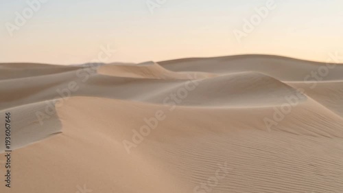 Desert Dunes in Soft Light: The image presents a breathtaking desert landscape, capturing the serene beauty of undulating sand dunes under a clear sky. A captivating landscape of golden sand dunes. 