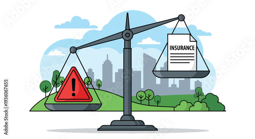 Modern vector illustration of balanced scale with risk icon and insurance document representing financial protection strategy and coverage planning concept