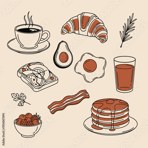 Breakfast food collection with coffee pancakes bacon and avocado toast for healthy morning meal menu design vector graphic