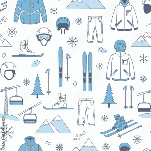Winter sport equipment and mountain elements seamless pattern on white background