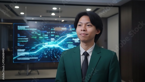 Wallpaper Mural Young asian businessman in a green suit stands confidently in a modern conference room with a digital data screen display Torontodigital.ca