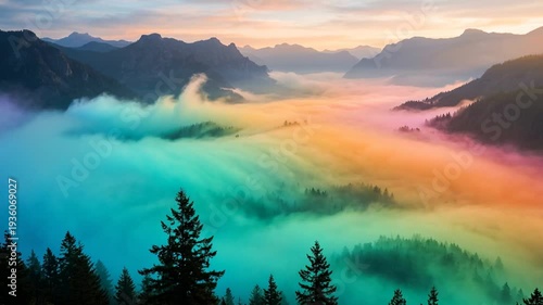 Rainbow Mist and Majestic Mountains: A breathtaking view of a mountain range enveloped in a colorful mist, evoking a sense of wonder and tranquility. 