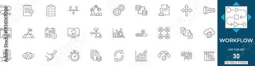 Workflow line icon set featuring process, automation, pipeline, sequence, flowchart, organization, and efficiency. Professional editable vector illustration.
