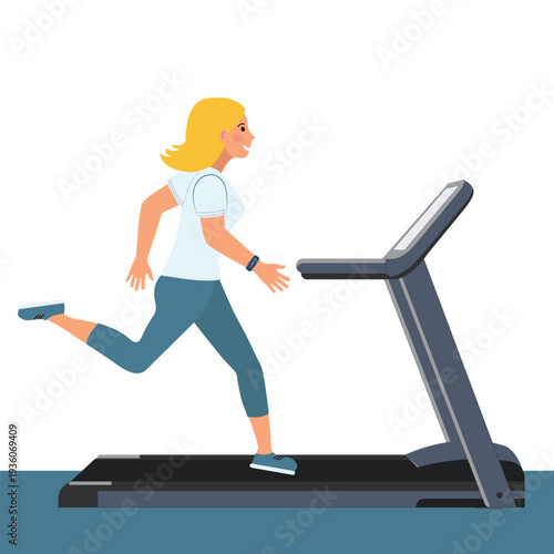 Cheerful girl running on a treadmill indoors in a tracksuit, sneakers, sports activities, sports equipment