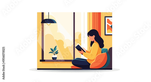 Woman relaxing on cushion by window with plant and lamp, illustration