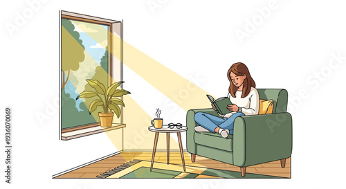 Woman relaxing on green sofa, reading tablet by sunlight from window in cozy living room