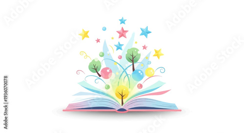 An open book with colorful stars and shapes emerging from its pages, symbolizing knowledge and imagination