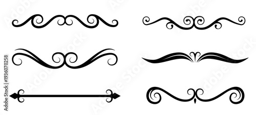 Set of black ornamental dividers and flourishes on white background. Various swirls, curls, and symmetrical design elements. Vector illustration