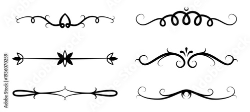 Black ornamental divider flourishes on white background, each featuring intricate curls, loops, and decorative central motifs. Vector illustration