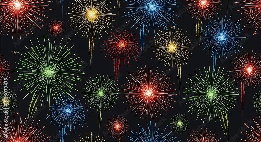 Fototapeta premium Numerous colorful fireworks explode brightly across a dark night sky creating a festive and celebratory visual pattern.