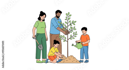 Family Planting Tree Together in Garden Outdoor Scene Illustration