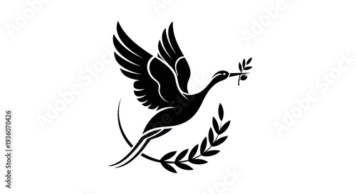 Flying bird silhouette with olive branch