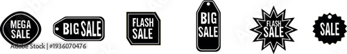 Black sale tags and labels vector set. Minimalist discount badges, mega sale and flash sale stickers for elegant promotion and Black Friday marketing.
