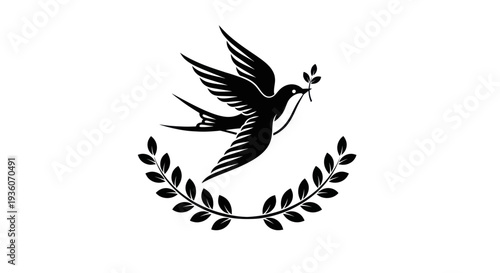 Flying bird silhouette with olive branch