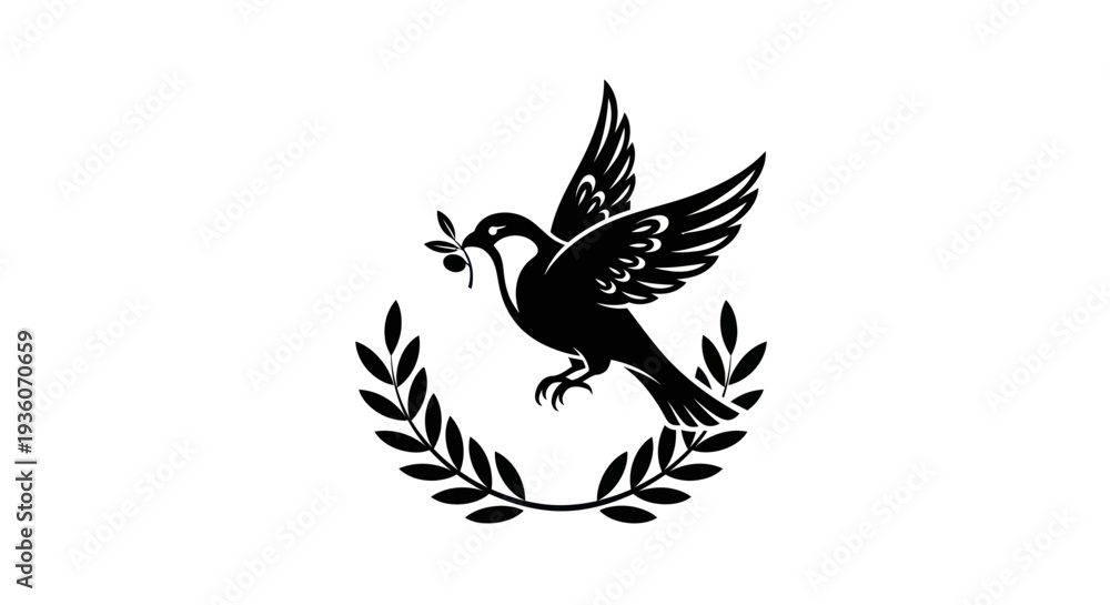 Obraz premium Flying bird symbol carrying olive branch
