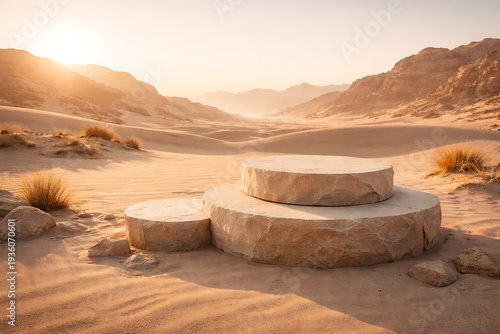 Panoramic desert landscape with sandstone mountains and rocky canyon at sunset in a dry valley with sand rocks and wide sky inspired by Death Valley Egypt and the Dead Sea region