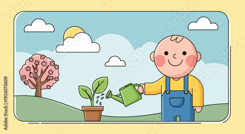 A young boy waters a plant in a pot on a green hill under a sunny sky with a blossoming tree